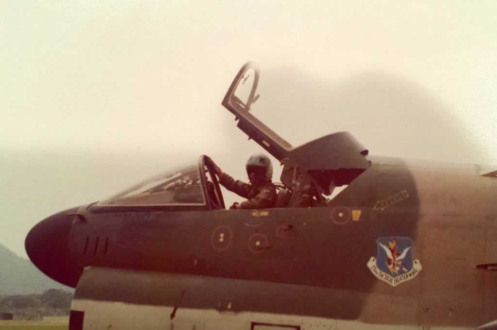A-7 and pilot Lt. smith, end of the runway during TDY, Howard Air Force Base, Panama, 1974
